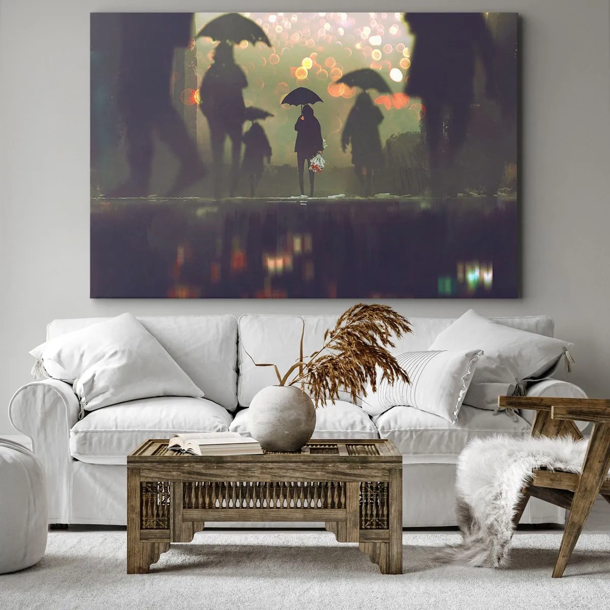 Quadro em tela - Uma figura com um guarda-chuva em uma noite chuvosa entre as luzes da cidade - 70x50cm - Da perspectiva de uma gota de chuva - Decoração de parede moderna para a sala de estar e quarto ARTTOR