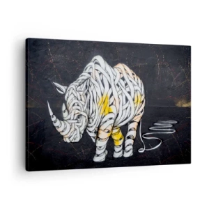 Quadro em tela - Um rinoceronte esculpido com listras abstratas em um fundo escuro. - 70x50cm - Dizer que é casca grossa é um mito - Decoração de parede moderna para a sala de estar e quarto ARTTOR