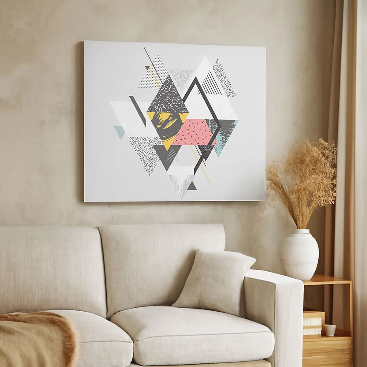 Quadro em tela - Padrões geométricos em um fundo claro - 70x50cm - Variações do triângulo e losango - Decoração de parede moderna para a sala de estar e quarto ARTTOR