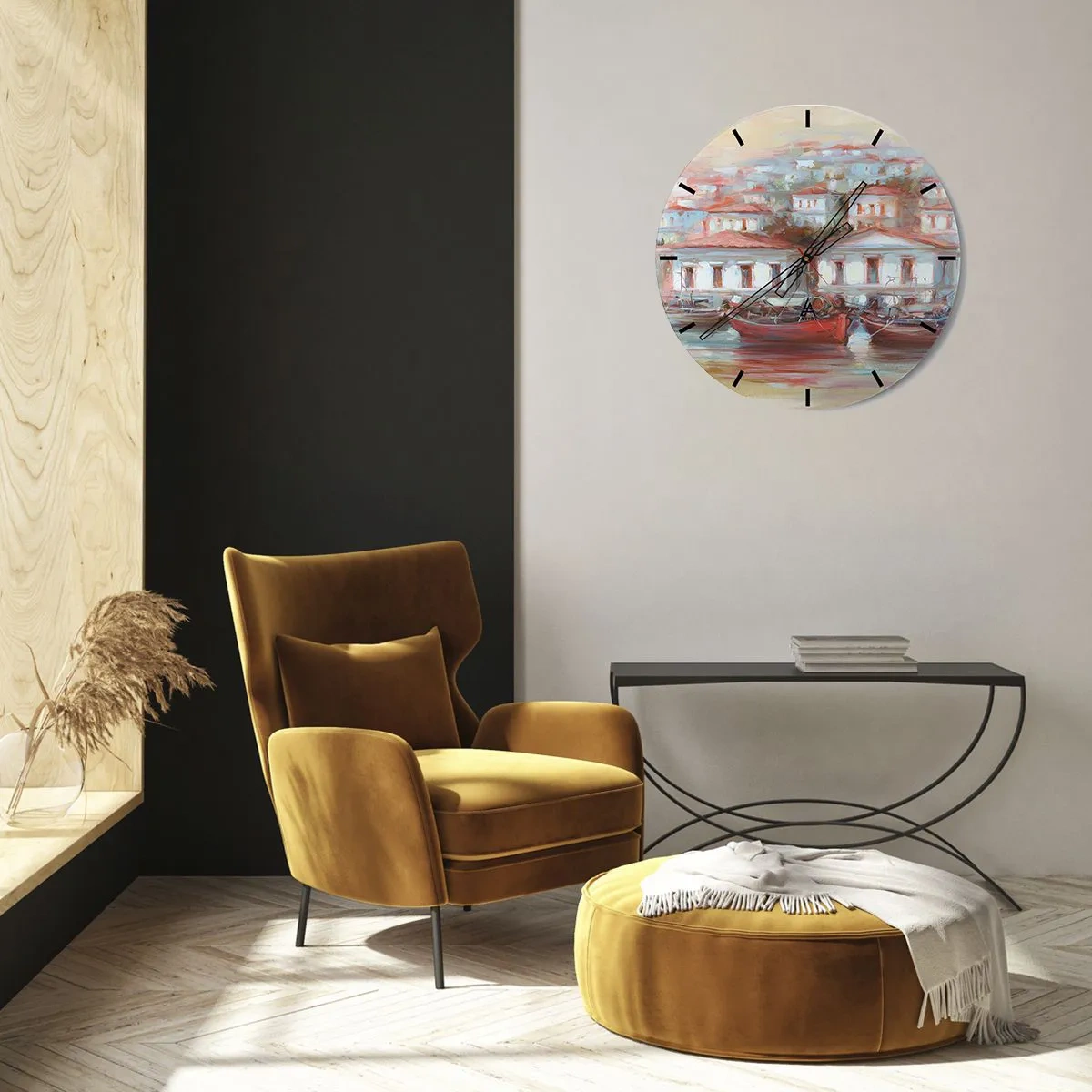 Relógio de parede - Relógio em vidro - Um porto pitoresco com barcos e arquitetura mediterrânea - 30x30cm - Cidade feliz - Decoração de parede moderna para a sala de estar, cozinha e quarto ARTTOR