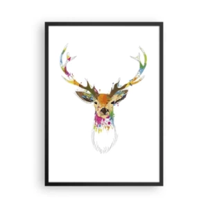 Pôster com moldura preta - Veados coloridos em estilo abstrato em um fundo branco - 50x70cm - Um cervo gentil banhado em cores - Decoração de parede moderna para a sala de estar e quarto ARTTOR