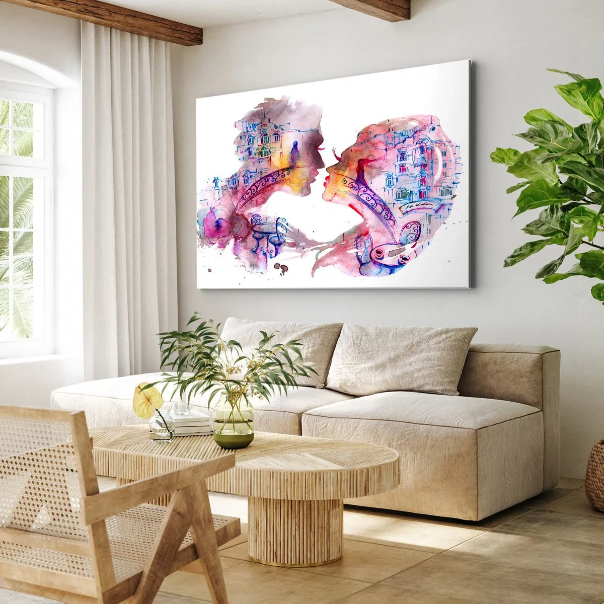 Quadro em tela - Uma aquarela romântica retratando as silhuetas dos amantes - 70x50cm - A ponte secreta dos suspiros - Decoração de parede moderna para a sala de estar e quarto ARTTOR
