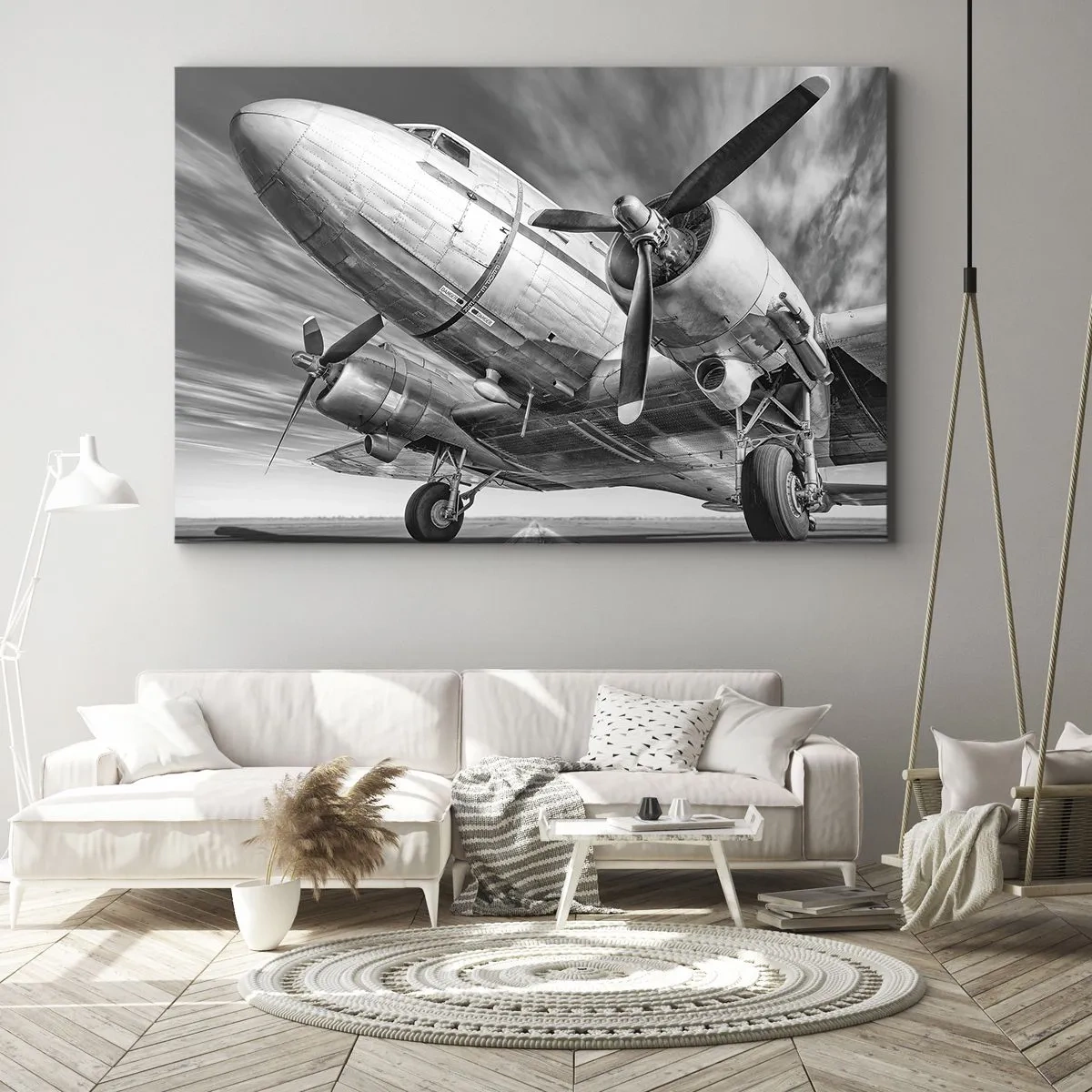 Quadro em tela - Uma imagem em preto e branco de um avião clássico com detalhes estruturais visíveis. - 70x50cm - Sempre pronto a voar - Decoração de parede moderna para a sala de estar e quarto ARTTOR