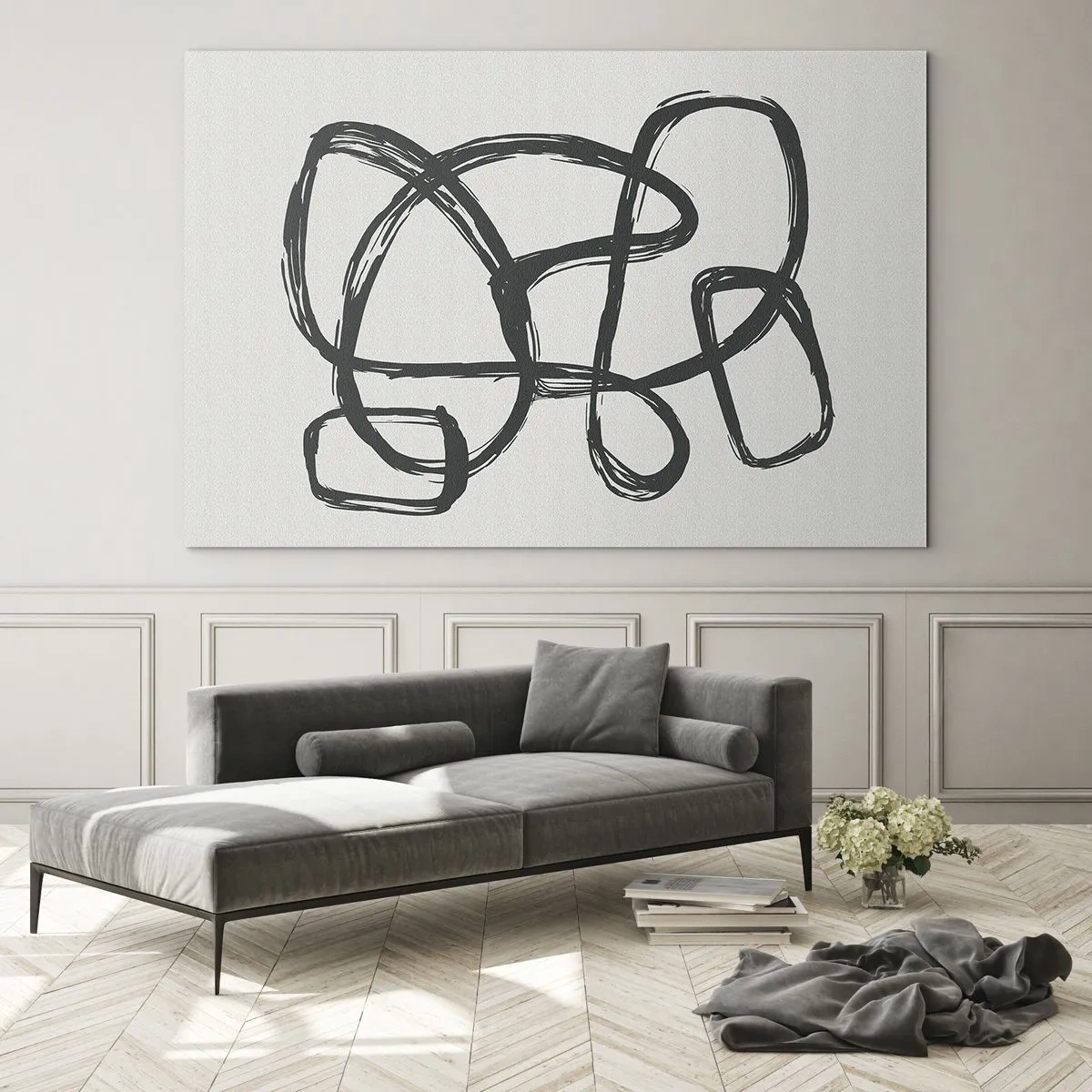 Quadro em vidro - Laços e linhas pretas formam uma composição abstrata sobre um fundo branco. - 70x50cm - Abstração em loop - Decoração de parede moderna para a sala de estar e quarto ARTTOR