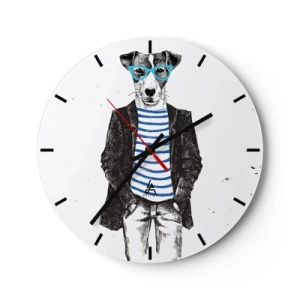 Relógio de parede - Relógio em vidro - Um cachorro com óculos e uma camisa de marinheiro - 30x30cm - O charme do cão - Decoração de parede moderna para a sala de estar, cozinha e quarto ARTTOR