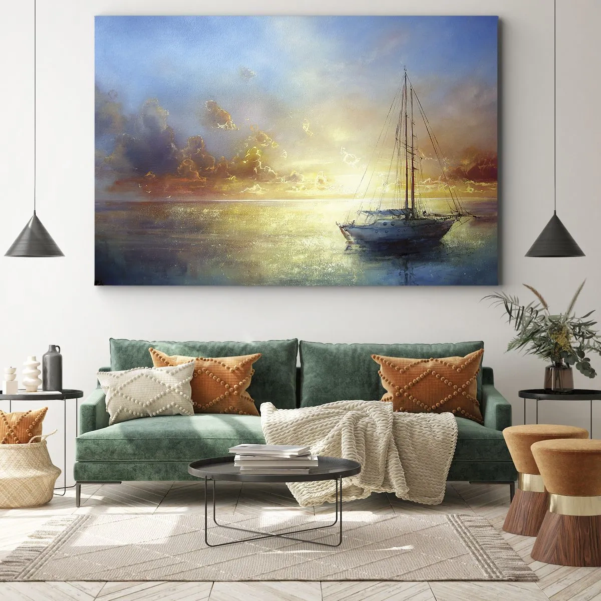 Quadro em tela - Um iate em um mar calmo ao pôr do sol - 70x50cm - Na baía dourada - Decoração de parede moderna para a sala de estar e quarto ARTTOR