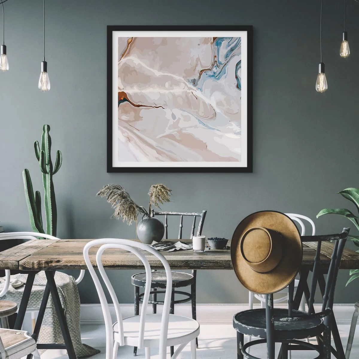 Pôster com moldura preta - Meandros azuis sob branco - 50x50 cm