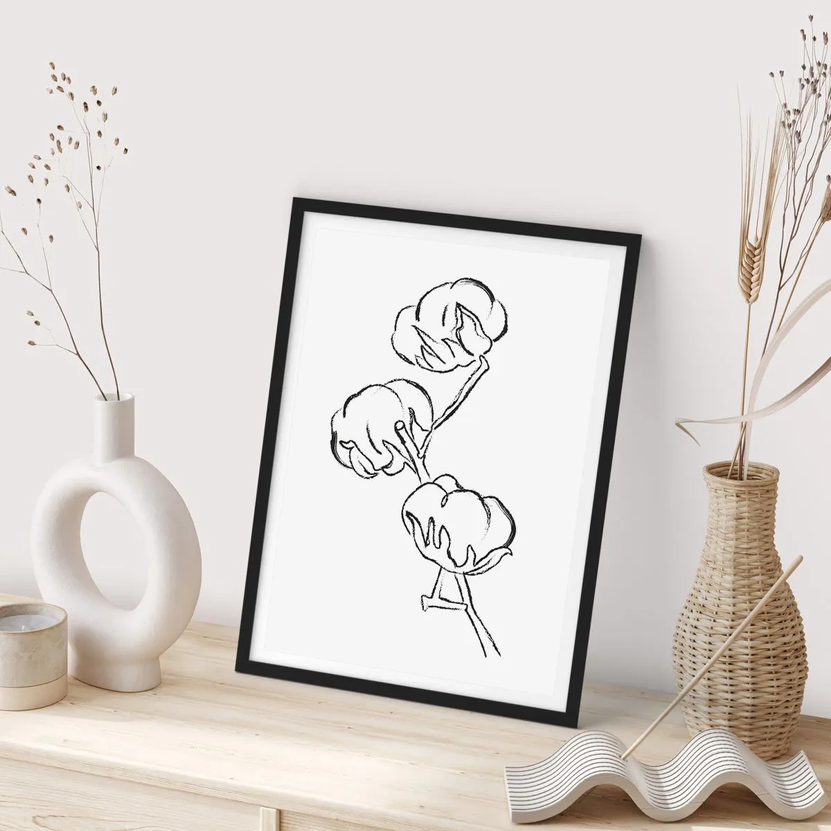 Pôster com moldura preta - Um esboço minimalista de um galho de algodão - 50x70cm - Algodão para baixo - Decoração de parede moderna para a sala de estar e quarto ARTTOR