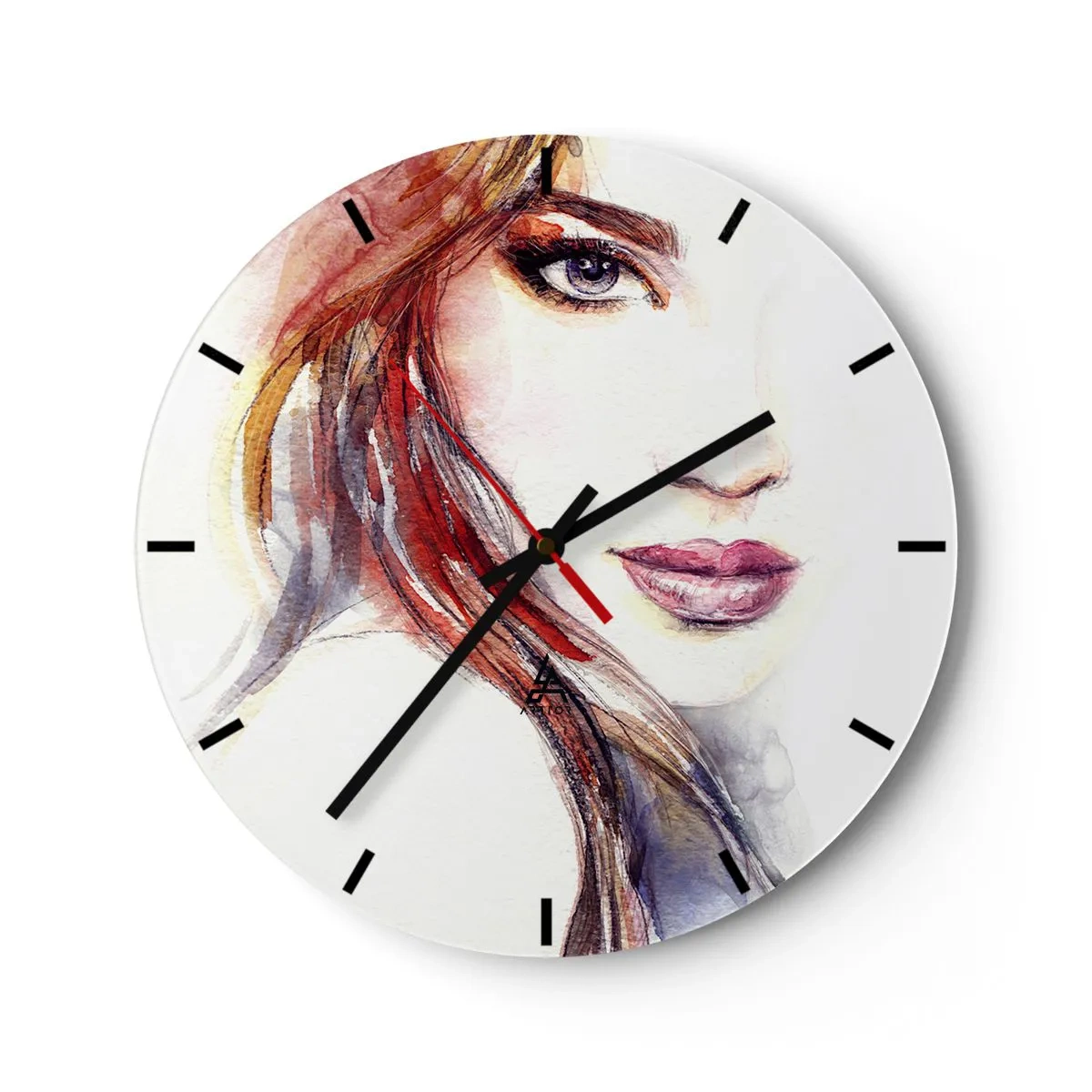 Relógio de parede - Relógio em vidro - Ilustração em aquarela de uma mulher com um olhar expressivo - 30x30cm - Vademecum - siga-me - Decoração de parede moderna para a sala de estar, cozinha e quarto ARTTOR