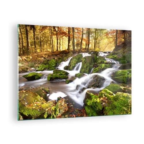 Quadro em vidro - Um riacho na floresta com cachoeiras em uma paisagem de outono - 70x50cm - Pela floresta de outono - Decoração de parede moderna para a sala de estar e quarto ARTTOR