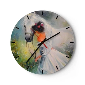 Relógio de parede - Relógio em vidro - Uma mulher de vestido branco com um cavalo branco em um prado - 30x30cm - Como um belo sonho - Decoração de parede moderna para a sala de estar, cozinha e quarto ARTTOR