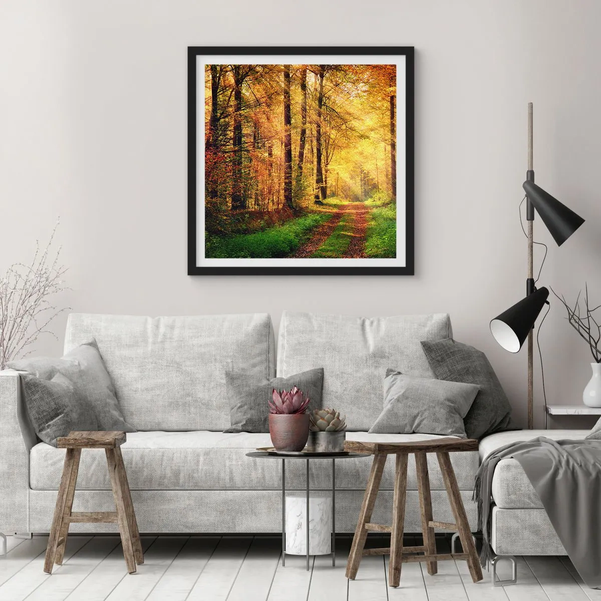 Pôster com moldura preta - Silêncio dourado da floresta - 40x40 cm