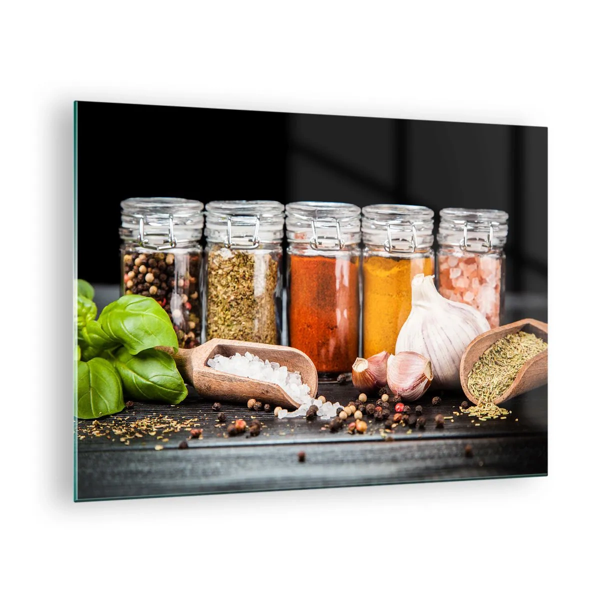 Quadro em vidro - Especiarias coloridas em potes sobre fundo escuro - 70x50cm - Para que a vida tenha um sabor - Decoração de parede moderna para a sala de estar e quarto ARTTOR