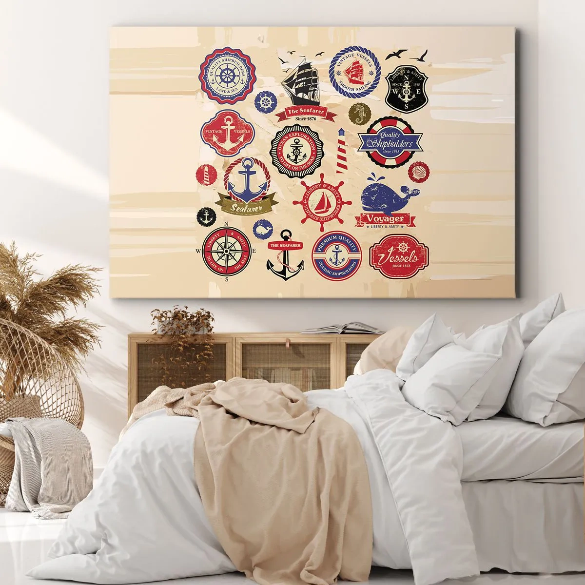 Quadro em tela - Uma coleção de gráficos e símbolos náuticos em um fundo claro - 70x50cm - Irmandade da vela - Decoração de parede moderna para a sala de estar e quarto ARTTOR