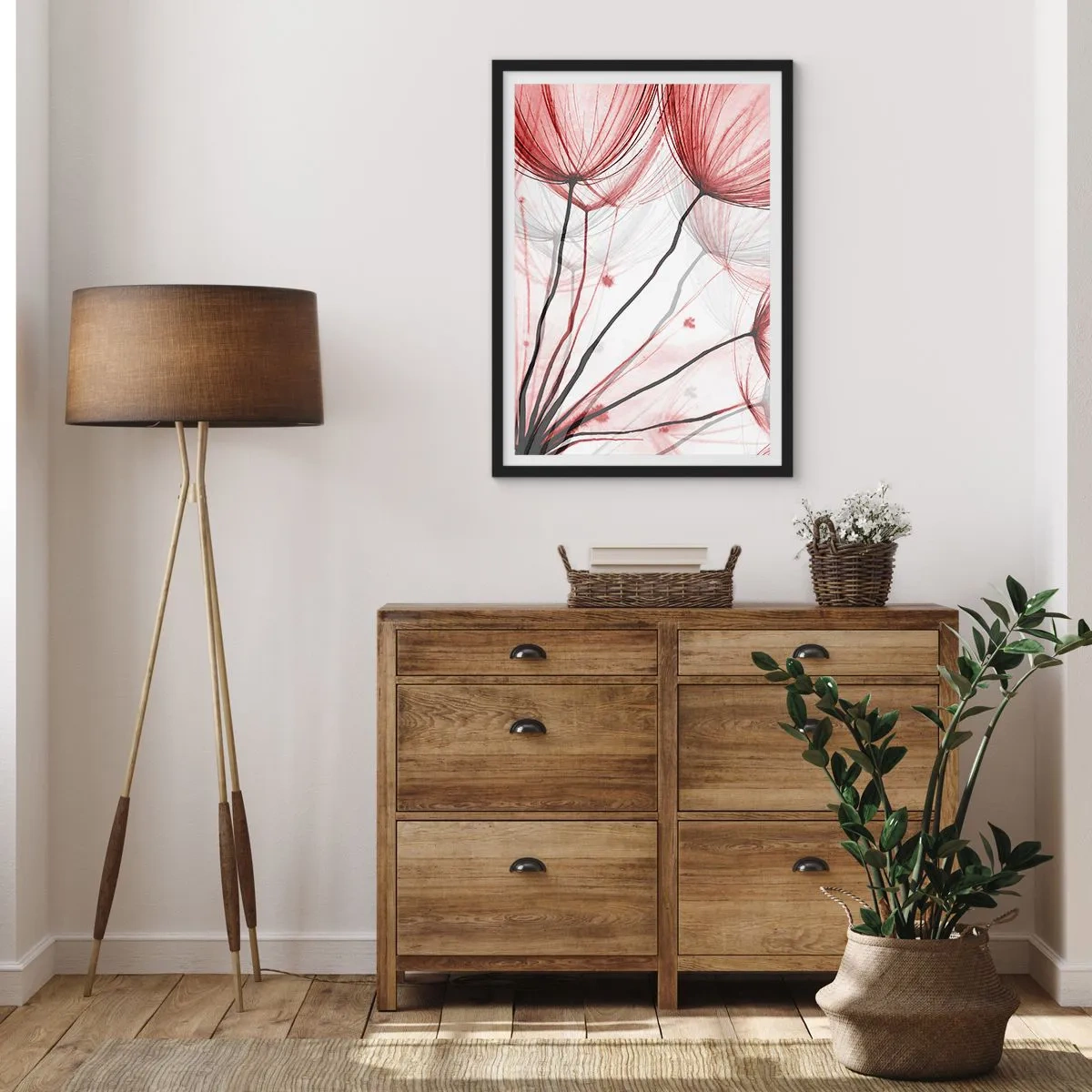 Pôster com moldura preta - Dentes-de-leão delicados em tons de vermelho e preto - 50x70cm - Antes da partida - Decoração de parede moderna para a sala de estar e quarto ARTTOR