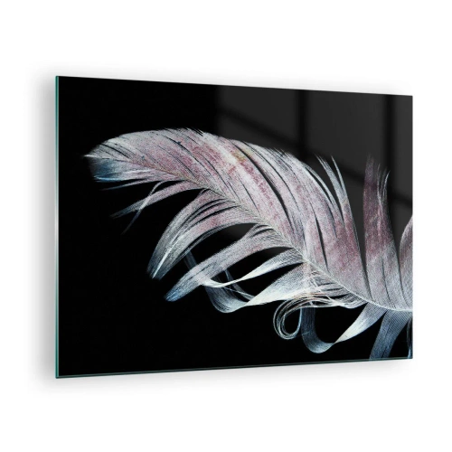 Quadro em vidro - Uma pena delicada sobre um fundo preto numa abordagem artística - 70x50cm - Pense no toque - Decoração de parede moderna para a sala de estar e quarto ARTTOR