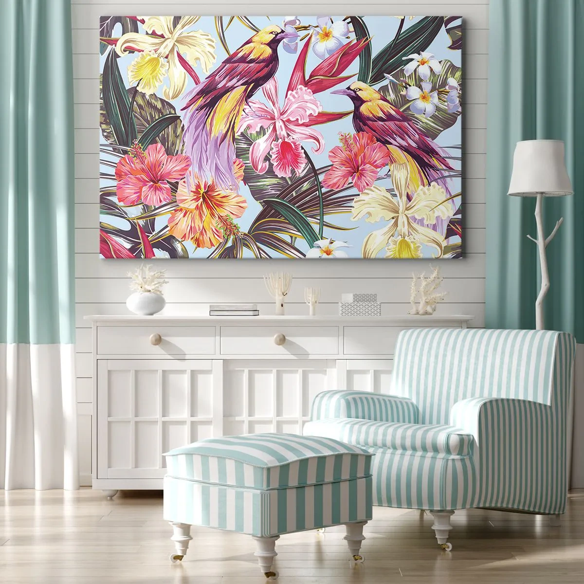 Quadro em tela - Pássaros exóticos entre flores tropicais - 70x50cm - Pétalas e penas - Decoração de parede moderna para a sala de estar e quarto ARTTOR