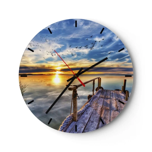 Relógio de parede - Relógio em vidro - Cais de madeira sobre o lago ao pôr do sol - 30x30cm - O vento descansa - Decoração de parede moderna para a sala de estar, cozinha e quarto ARTTOR