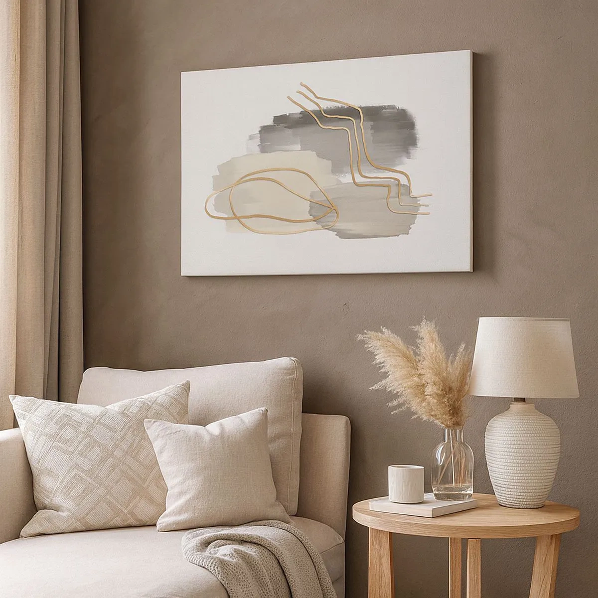 Quadro em tela - Linhas douradas abstratas em um fundo cinza - 70x50cm - Duração e movimento - Decoração de parede moderna para a sala de estar e quarto ARTTOR