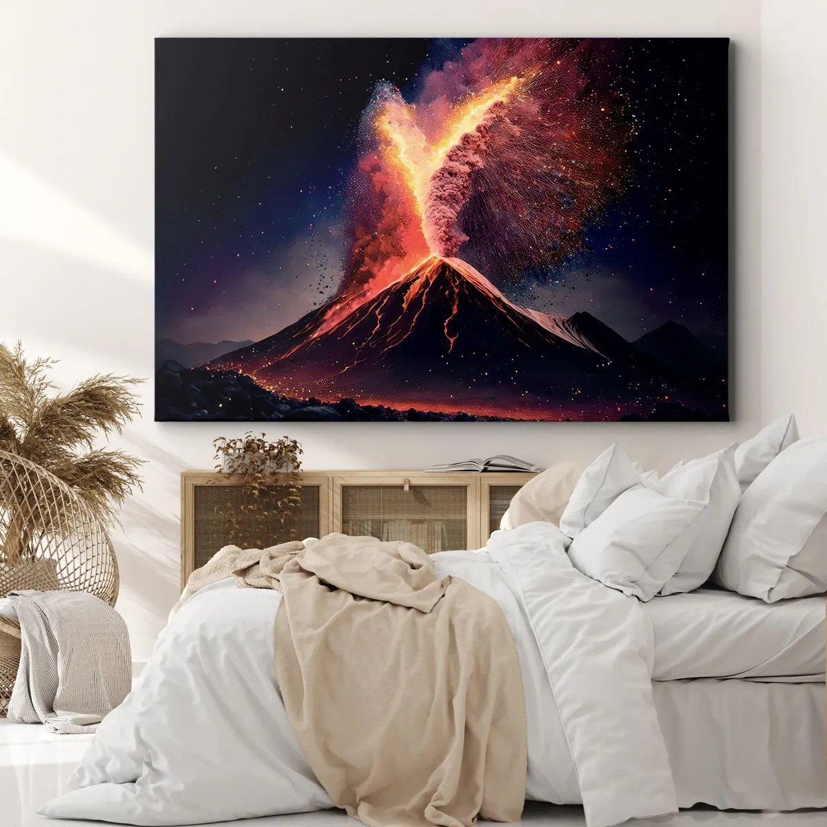 Quadro em tela - Uma erupção vulcânica única à noite com cores dinâmicas. - 70x50cm - Beleza e terror - Decoração de parede moderna para a sala de estar e quarto ARTTOR