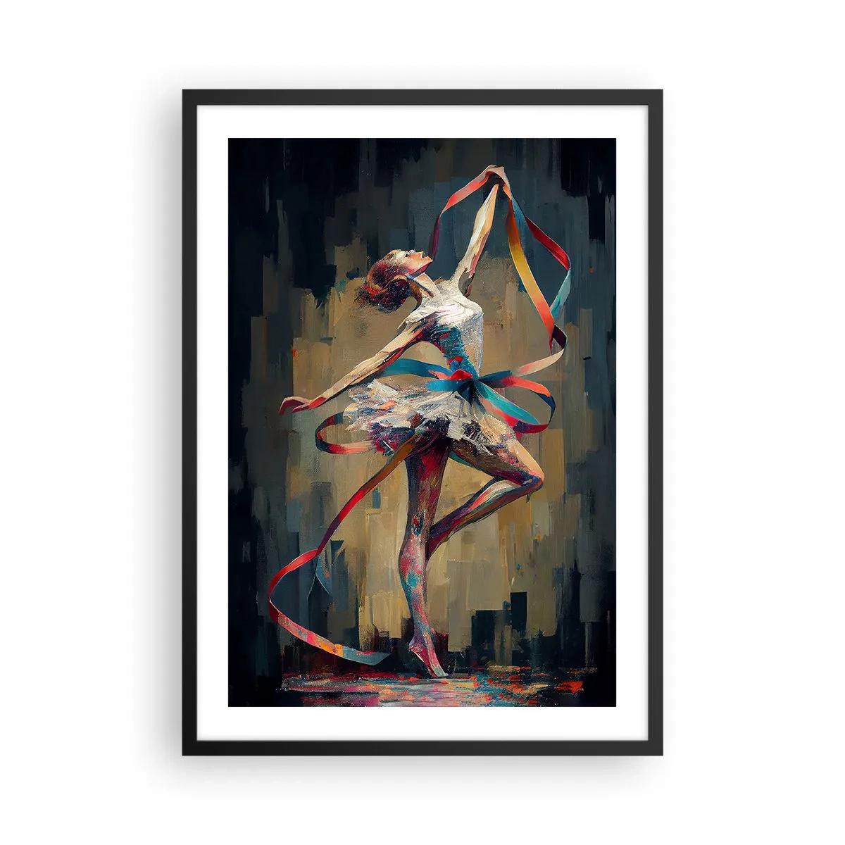 Pôster com moldura preta - Uma dançarina em uma pose dinâmica com fitas coloridas. - 50x70cm - Dança da fita - Decoração de parede moderna para a sala de estar e quarto ARTTOR