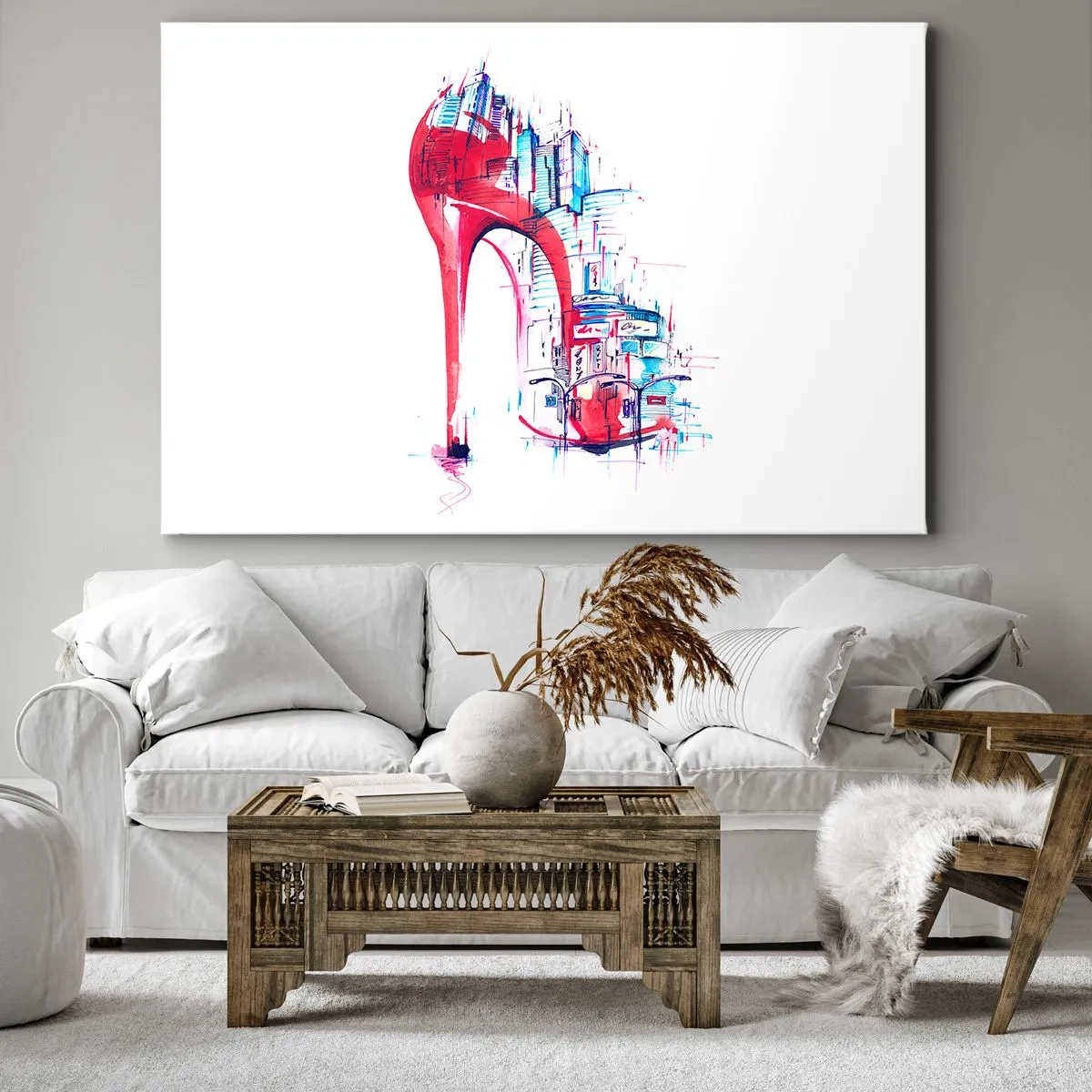 Quadro em tela - Salto agulha vermelho abstrato com detalhes urbanos - 70x50cm - Elegância metropolitana - Decoração de parede moderna para a sala de estar e quarto ARTTOR
