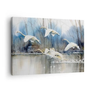 Quadro em tela - Cisnes voando sobre um lago congelado em uma paisagem de inverno - 70x50cm - Como no conto de fadas sobre cisnes selvagens - Decoração de parede moderna para a sala de estar e quarto ARTTOR