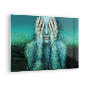 Quadro em vidro - Rosto de mulher com motivo de árvore em um cenário surreal - 70x50cm - Imersa em azul - Decoração de parede moderna para a sala de estar e quarto ARTTOR