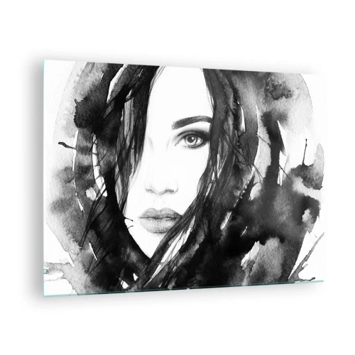 Quadro em vidro - Retratos femininos em aquarela em preto e branco - 70x50cm - Retrato de uma dama a preto e branco - Decoração de parede moderna para a sala de estar e quarto ARTTOR