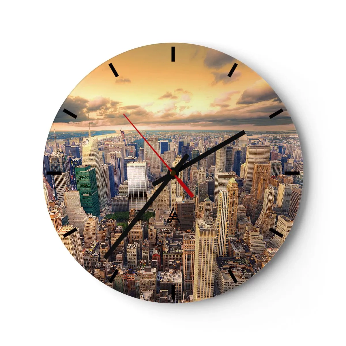 Relógio de parede - Relógio em vidro - Panorama da cidade ao pôr do sol em tons quentes - 30x30cm - Metrópole dourada - Decoração de parede moderna para a sala de estar, cozinha e quarto ARTTOR