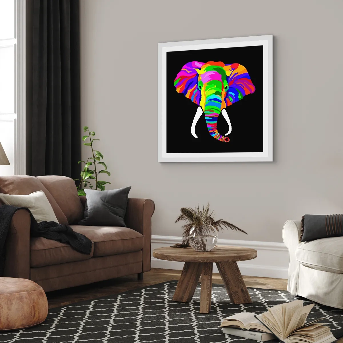 Pôster em moldura branca - O elefante que adorava banhar-se no arco-íris - 60x60 cm