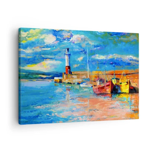 Quadro em tela - Porto de pesca com barcos e um farol em cores brilhantes - 70x50cm - Tarde na baía do arco-íris - Decoração de parede moderna para a sala de estar e quarto ARTTOR