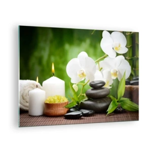 Quadro em vidro - Spa com orquídeas, pedras e velas em um cenário verde - 70x50cm - Um toque perfumado, floral e suave - Decoração de parede moderna para a sala de estar e quarto ARTTOR