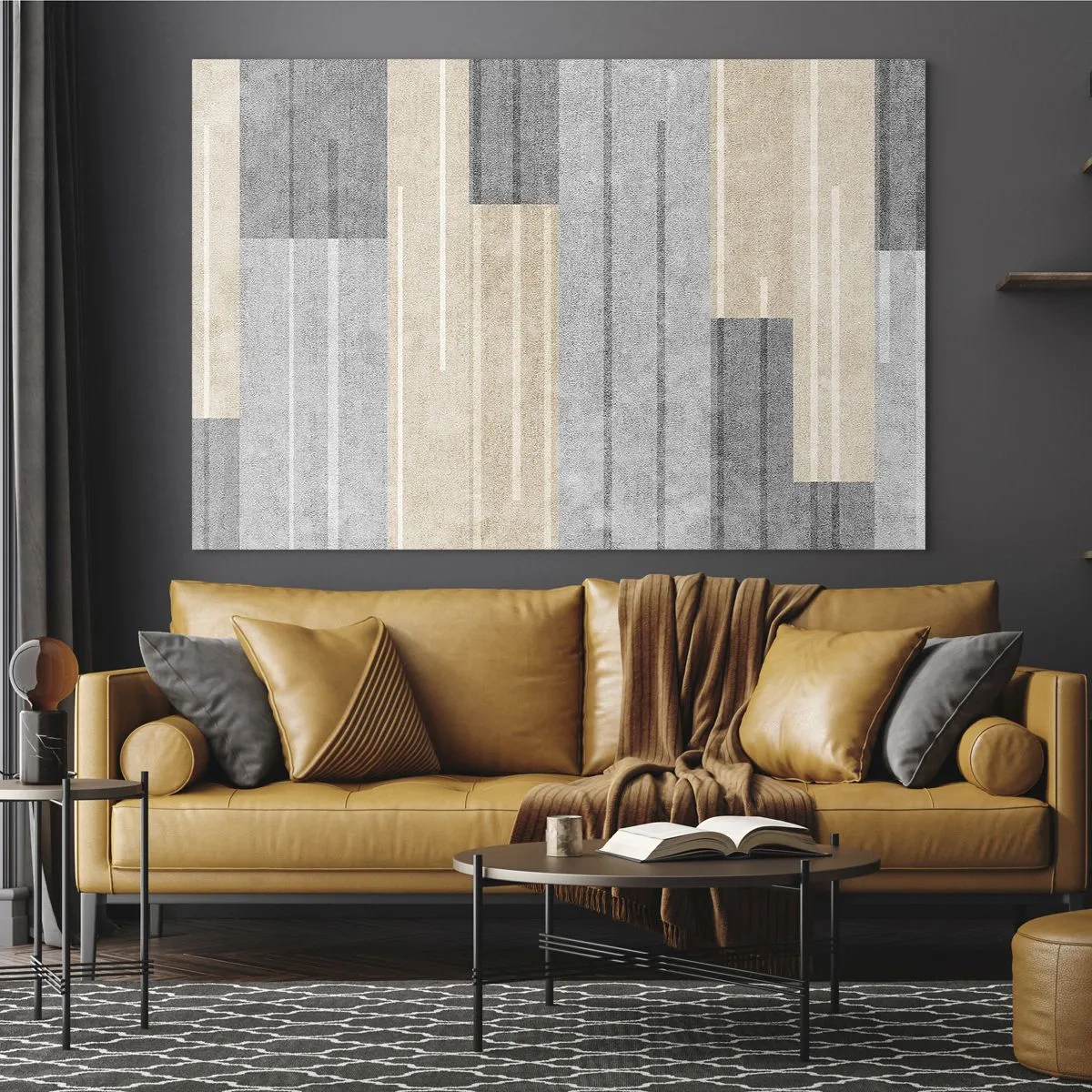 Quadro em vidro - Listras geométricas em tons de cinza e bege - 70x50cm - Composição: mantenha vertical - Decoração de parede moderna para a sala de estar e quarto ARTTOR