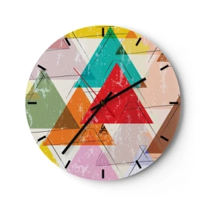 Relógio de parede - Relógio em vidro - Triângulos coloridos em estilo geométrico com efeito envelhecido - 30x30cm - Três por três - Decoração de parede moderna para a sala de estar, cozinha e quarto ARTTOR