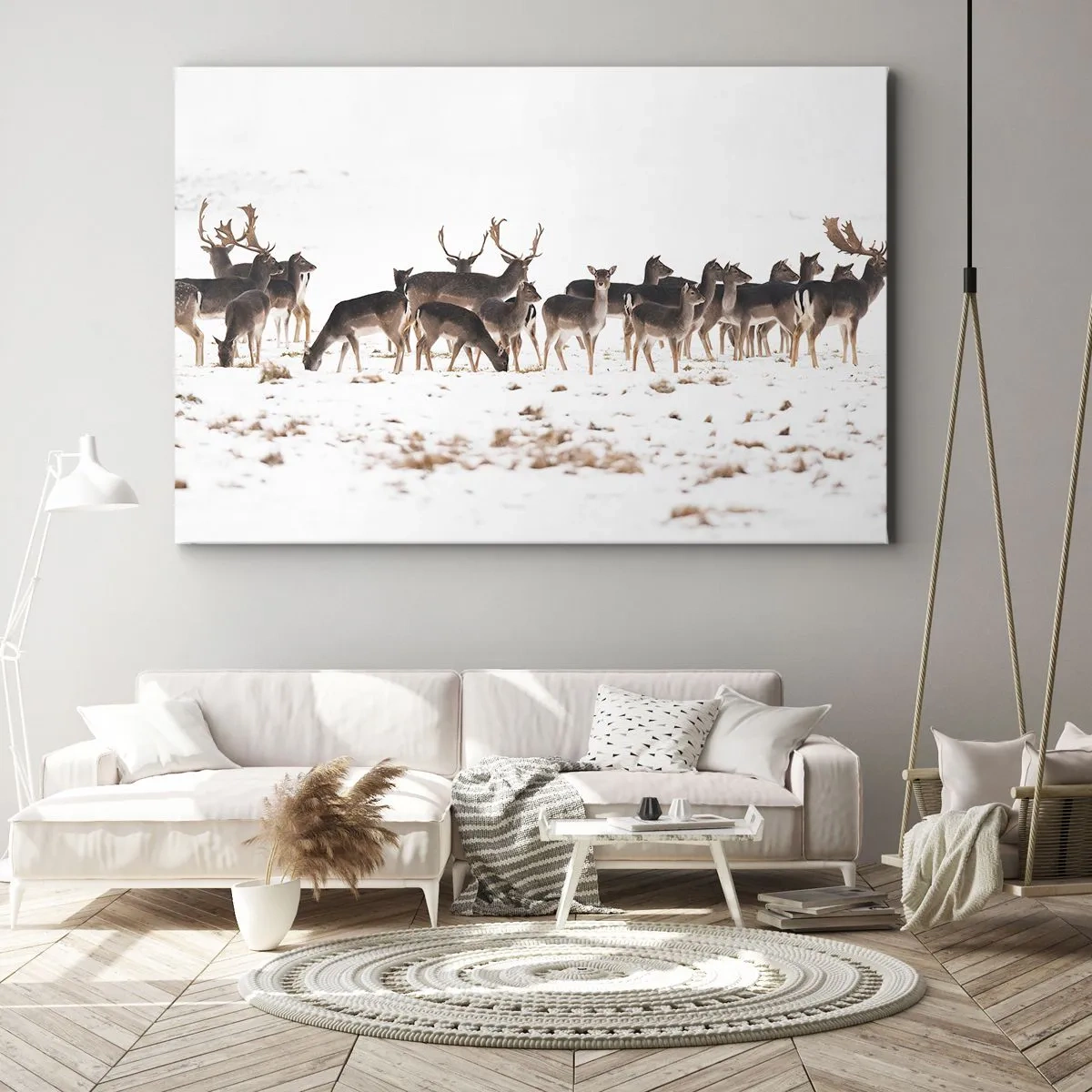 Quadro em tela - Uma manada de veados contra um fundo nevado - 70x50cm - O Natal se aproxima? - Decoração de parede moderna para a sala de estar e quarto ARTTOR