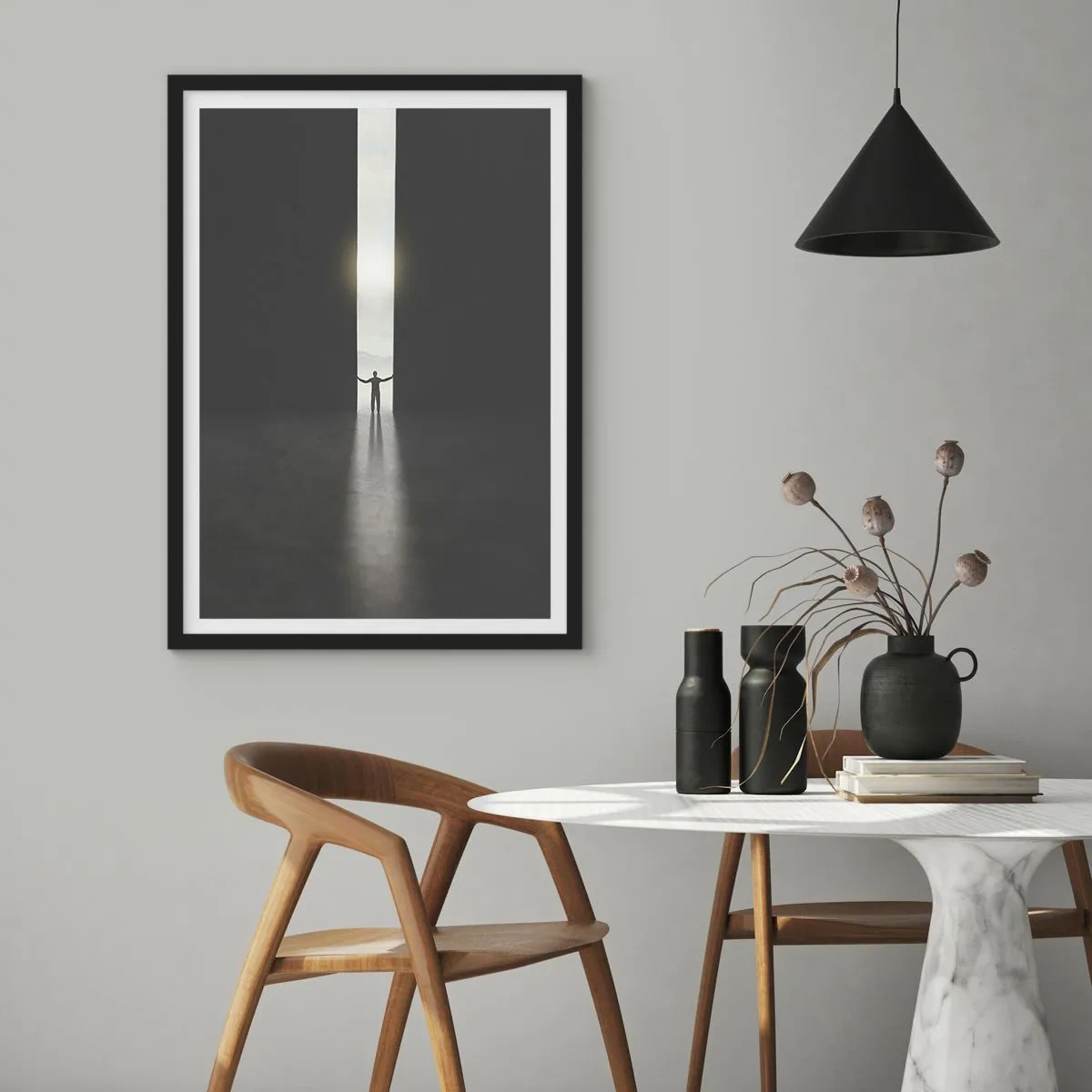 Pôster com moldura preta - Um homem parado na luz de uma fenda em um ambiente escuro - 50x70cm - Um passo para um futuro brilhante - Decoração de parede moderna para a sala de estar e quarto ARTTOR