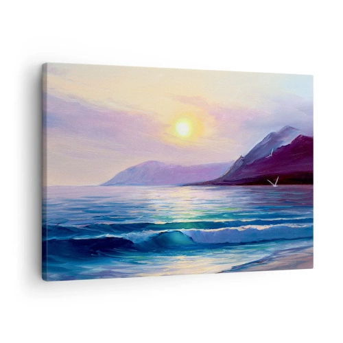Quadro em tela - Uma paisagem marinha pitoresca ao pôr do sol com ondas e montanhas - 70x50cm - Cristal de água e ar - Decoração de parede moderna para a sala de estar e quarto ARTTOR