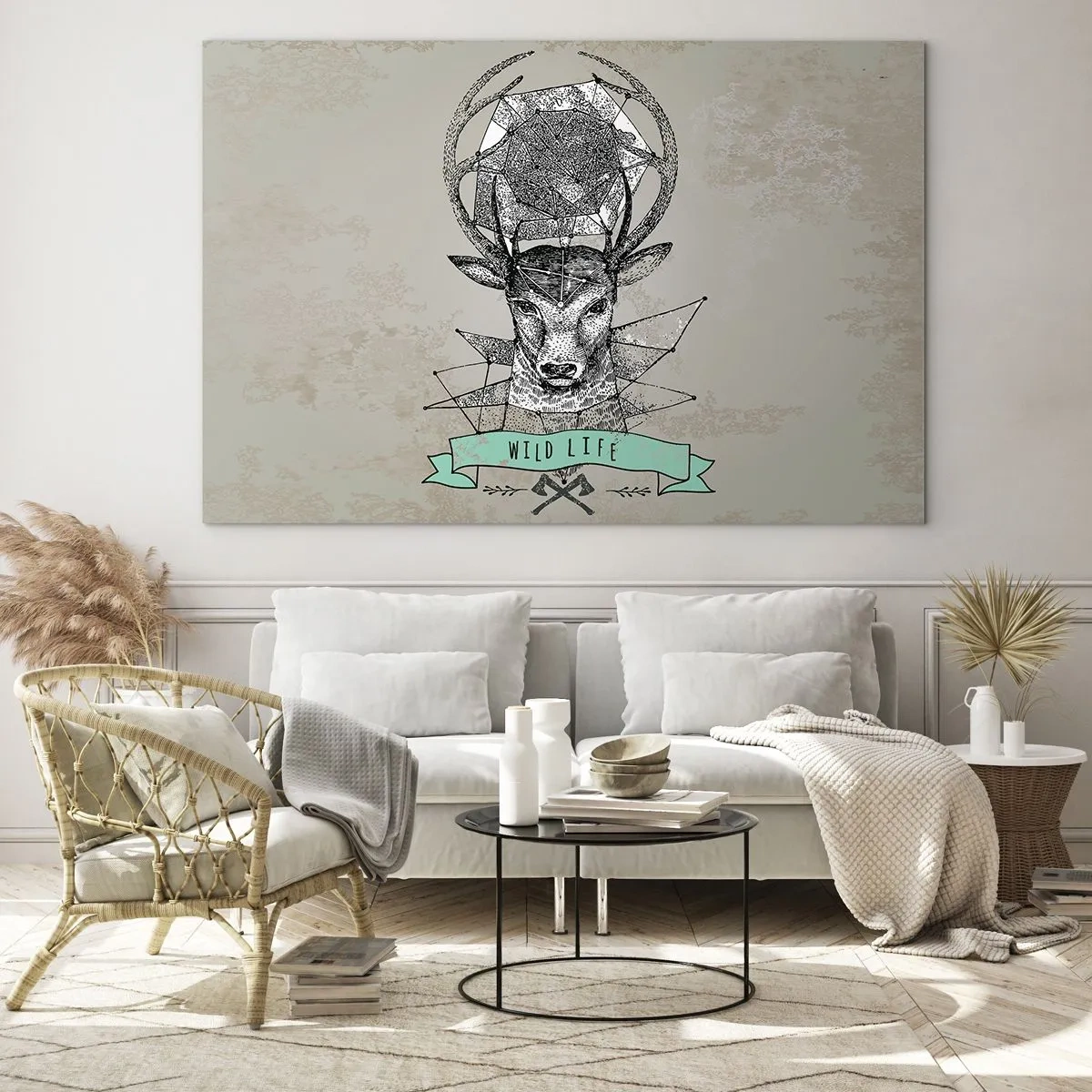 Quadro em vidro - Desenho geométrico de um veado com a inscrição Vida Selvagem - 70x50cm - A Visão de Santo Hubertus - Decoração de parede moderna para a sala de estar e quarto ARTTOR