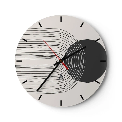 Relógio de parede - Relógio em vidro - Linhas abstratas e um círculo preto sobre fundo claro em uma composição gráfica - 30x30cm - Tremores e confiança - Decoração de parede moderna para a sala de estar, cozinha e quarto ARTTOR