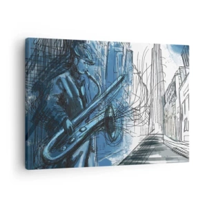 Quadro em tela - Uma figura tocando saxofone tendo como pano de fundo uma cidade - 70x50cm - Rapsódia Urbana - Decoração de parede moderna para a sala de estar e quarto ARTTOR