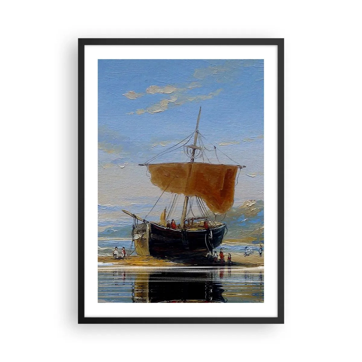 Pôster com moldura preta - Um veleiro tradicional na praia com seu reflexo na água - 50x70cm - Água, terra, ar - Decoração de parede moderna para a sala de estar e quarto ARTTOR