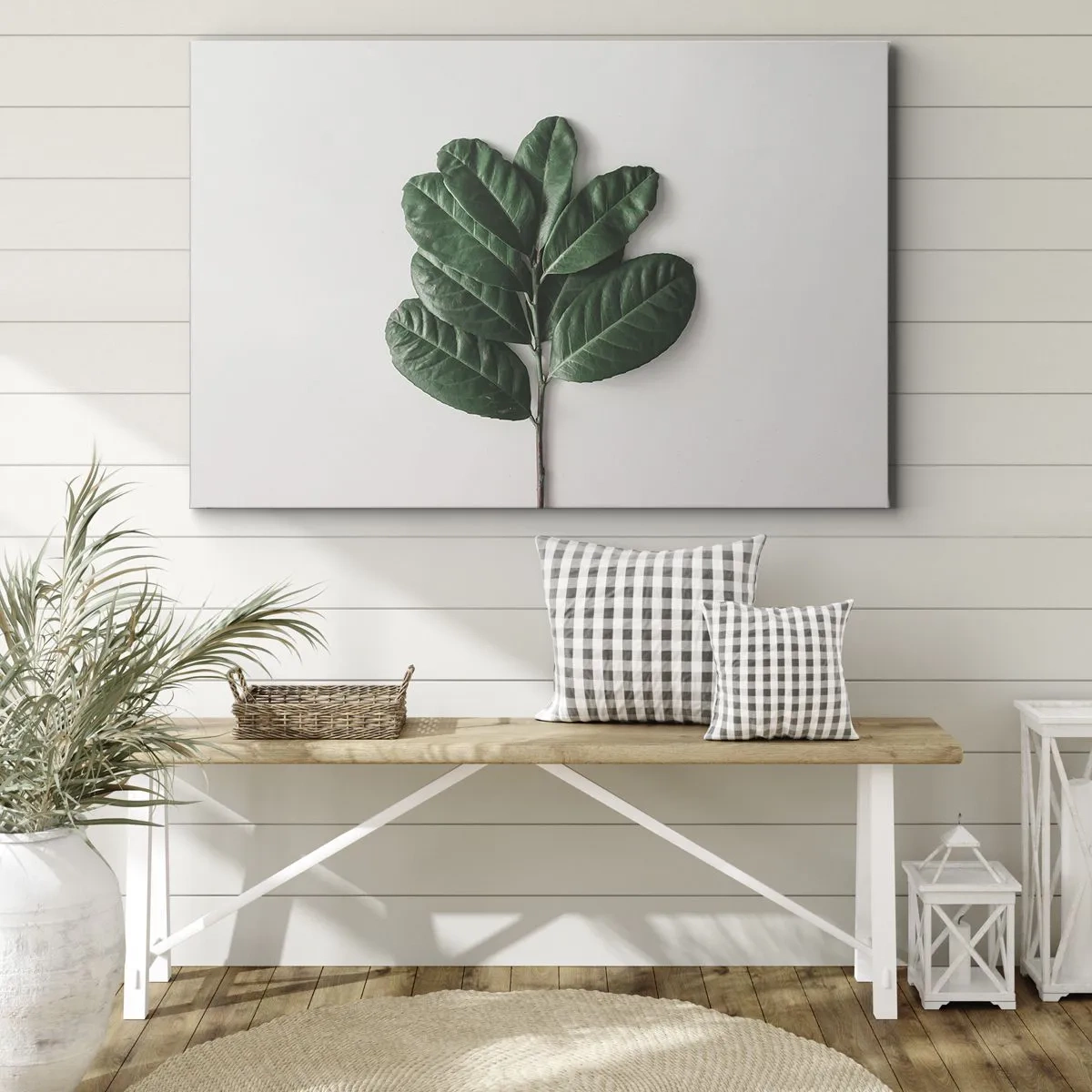 Quadro em tela - Um ramo de folhas verdes em um fundo claro - 70x50cm - Desenho da própria natureza - Decoração de parede moderna para a sala de estar e quarto ARTTOR