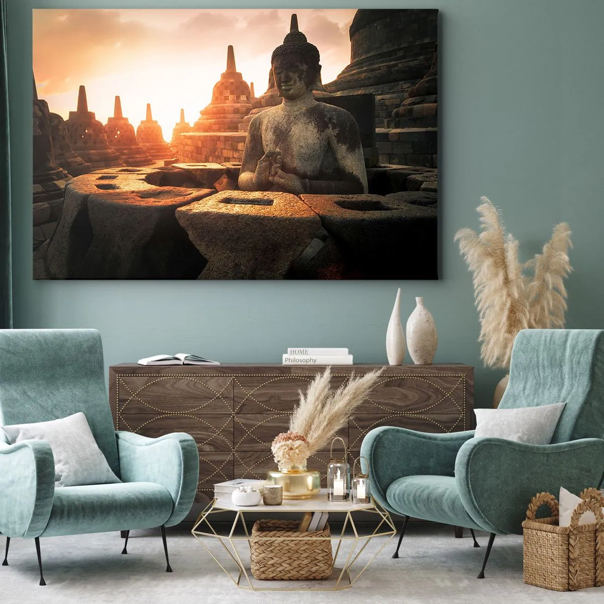 Quadro em tela - Estátua de Buda no Templo Borobudur ao pôr do sol - 70x50cm - Clima de grande sabedoria - Decoração de parede moderna para a sala de estar e quarto ARTTOR