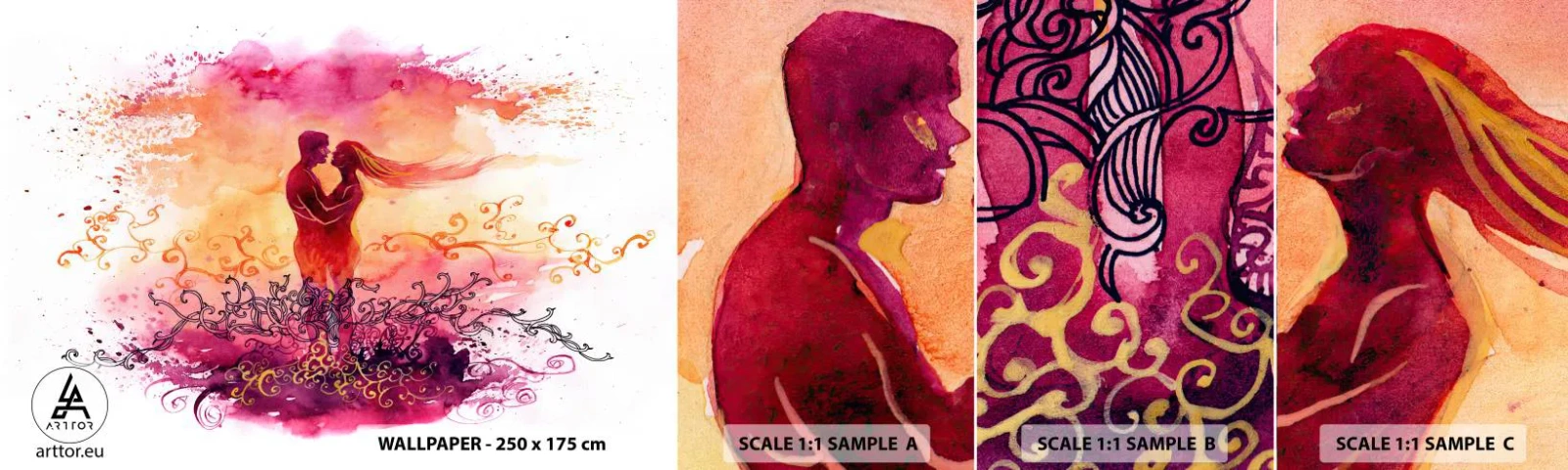 Amostra de papel de parede autocolante Deluxe Sticker - Um coração! Eu não preciso de tão pouco... - Abstração, Casal de namorados, Beijo - 100x30 cm