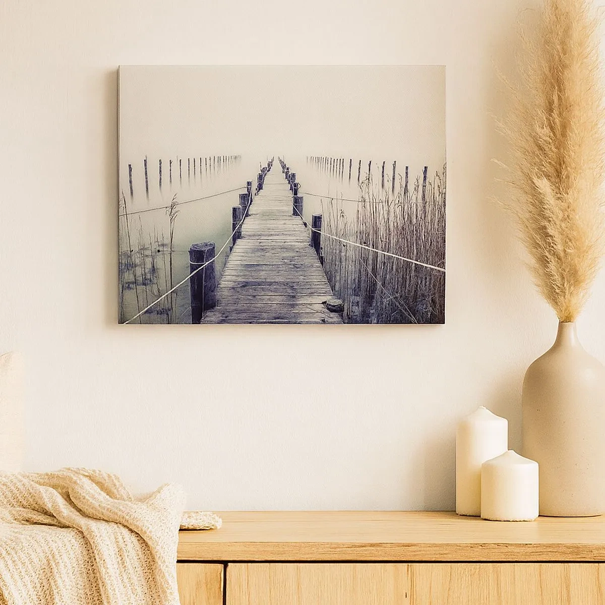 Quadro em tela - Uma ponte de madeira que conduz a um espaço enevoado - 70x50cm - Mergulhe em paz - Decoração de parede moderna para a sala de estar e quarto ARTTOR