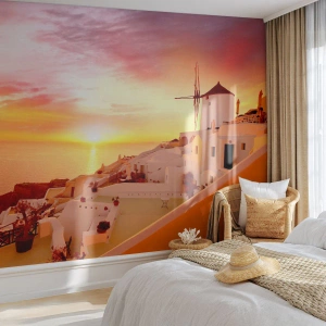 Papel de Parede Premium Canvas - Derreter em branco e ouro - Paisagem, Santorini, Grécia - 200x140 cm