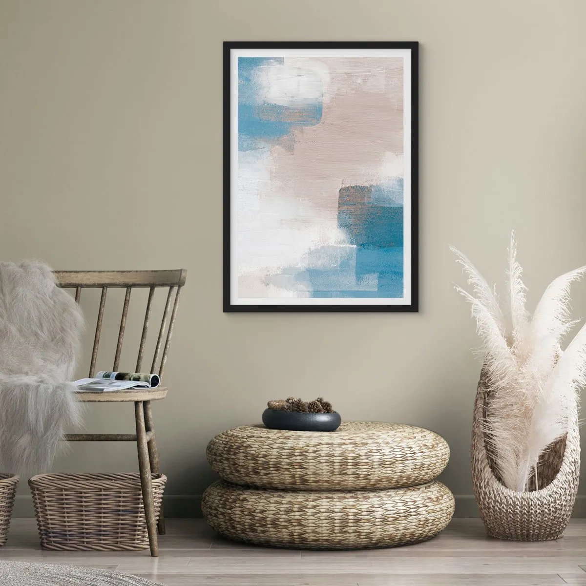 Pôster com moldura preta - Composição abstrata em tons de azul e bege - 50x70cm - Abstração rosa atrás da cortina azul - Decoração de parede moderna para a sala de estar e quarto ARTTOR