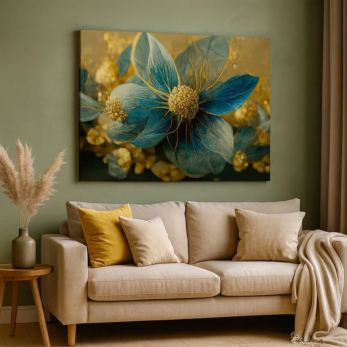 Quadro em tela - Flores elegantes em tons de azul e dourado - 70x50cm - Florescer com ouro - Decoração de parede moderna para a sala de estar e quarto ARTTOR