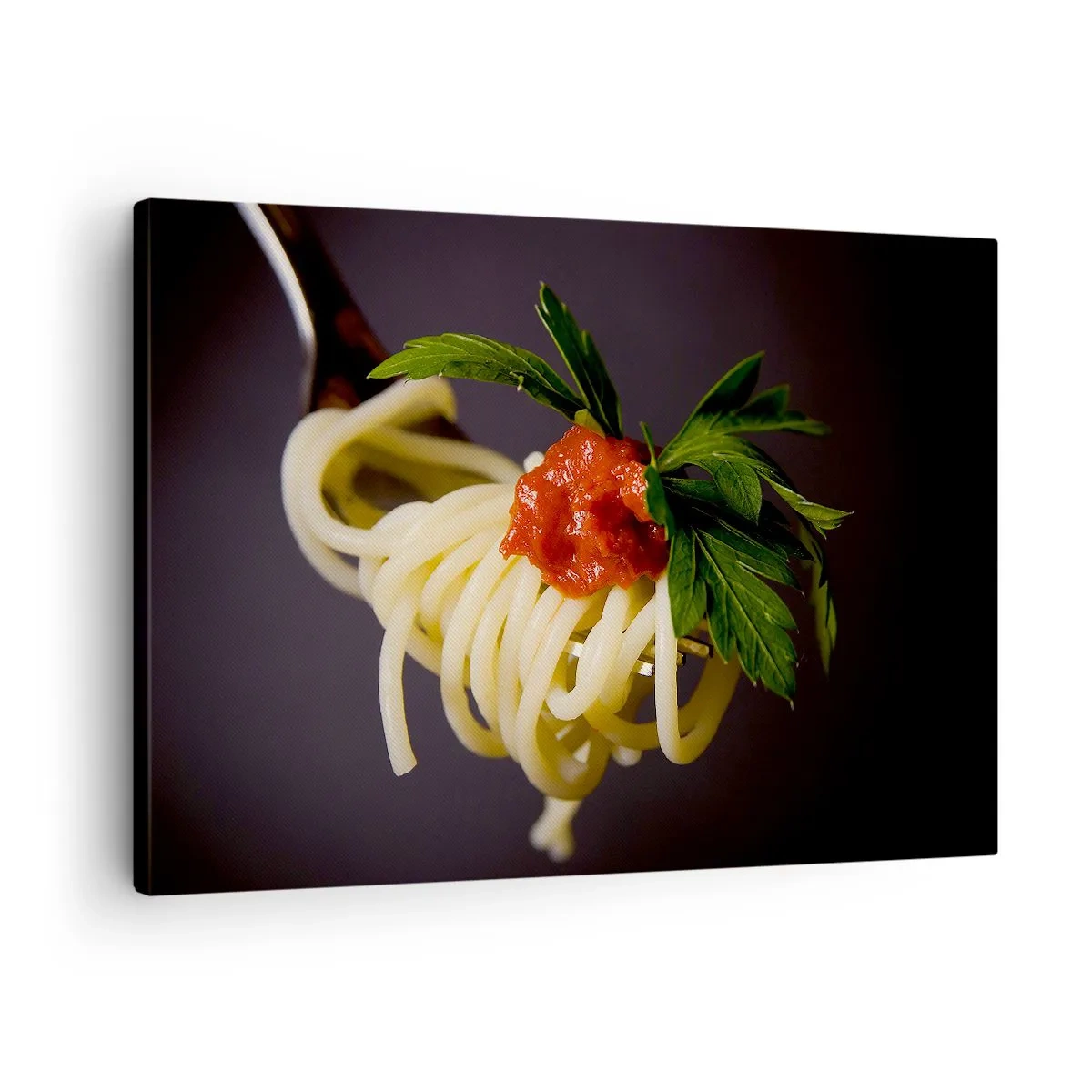 Quadro em tela - Macarrão espaguete no garfo com molho de tomate e salsa - 70x50cm - Saborosa mordida - Decoração de parede moderna para a sala de estar e quarto ARTTOR